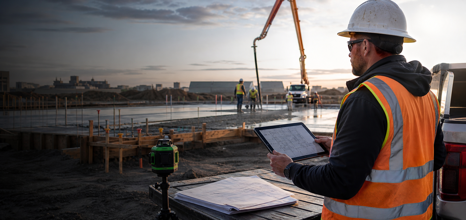 Commercial concrete crew reviewing plans at a jobsite